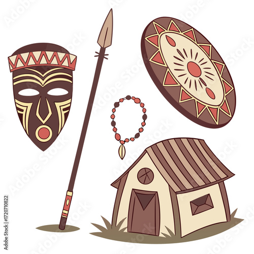 A collection of stylized cartoon illustrations depicting elements of traditional african culture including a tribal mask a spear a beaded necklace a shield and a hut set against a white background