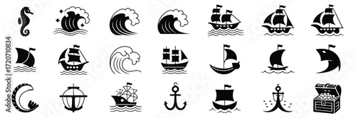 Ocean Exploration Icon Pack,  Black Silhouette Vector Symbols of Marine Animals, Sailboats, Anchors, Waves, Nautical Adventure, Coastal Travel, Sea Wildlife, and Ocean-Themed Graphic Design