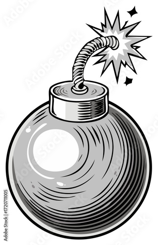Cartoon bomb with lit fuse illustration black and white.