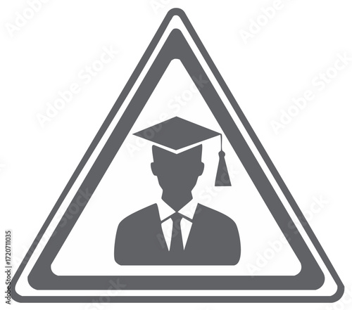 Graduating student silhouette in grey triangular caution sign icon