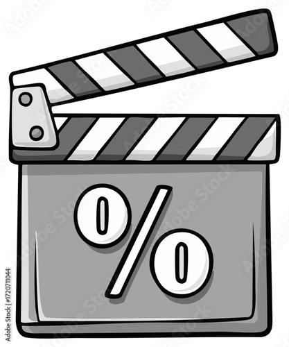Monochrome cartoon movie clapperboard showing zero percent symbol for film production or discount