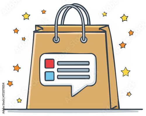 E-commerce Shopping Bag with Customer Feedback Chat Bubble and Rating Stars