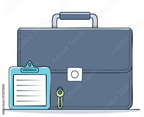 Briefcase with clipboard and checklist illustration, business planning and organization, tasks and goals, office supplies