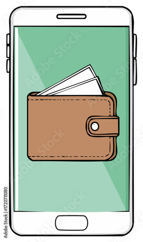 Cartoon smartphone with wallet and credit cards on screen representing mobile payment concept