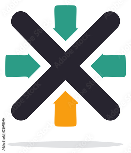 Arrows pointing inward toward a large X with one opposing house shaped arrow