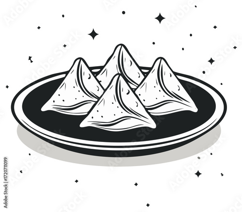Traditional Indian Samosas on a Plate Black and White Illustration