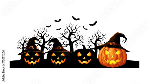 Spooky Halloween Night: A captivating depiction of Halloween featuring illuminated jack-o'-lanterns and ominous trees, evokes the thrilling spirit of the holiday.