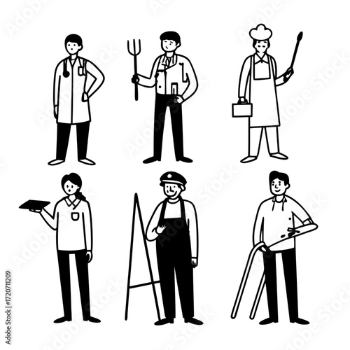 A diverse collection of profession icons featuring a doctor farmer chef waiter construction worker and gardener depicted in a simple black and white line art style