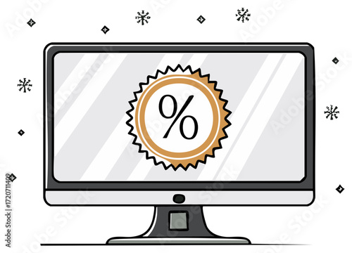 Winter Sale Promotion Displayed on Computer Monitor with Snowflake Accents