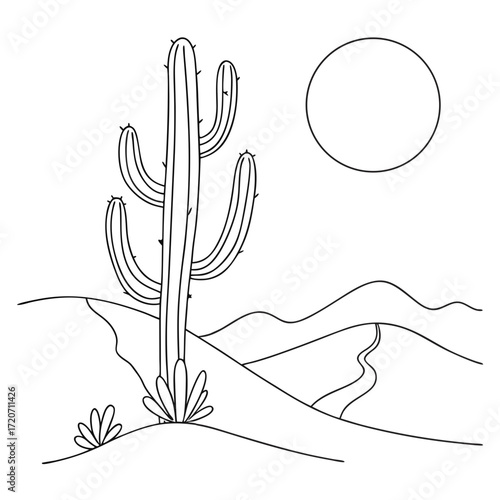 A minimalist line art illustration of a saguaro cactus standing tall in a desert landscape under a bright sun with rolling hills and a winding path