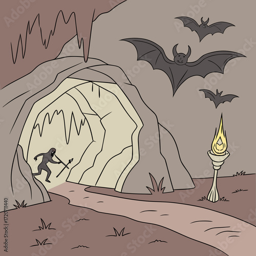 A prehistoric caveman holding a spear cautiously enters a dark cave illuminated by a torch while bats fly overhead in the dim light of the cavern