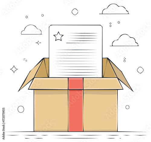 Cardboard shipping box with a document and ribbon, surrounded by simple decorative elements