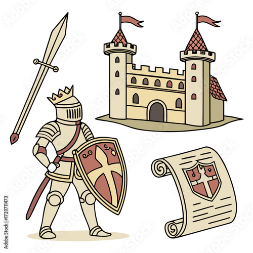 A regal knight in shining armor stands guard with a shield and sword beside a medieval castle and a royal decree scroll symbolizing chivalry and power in a historical fantasy setting