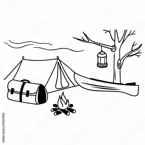 A simple black and white illustration depicting a serene camping scene with a tent a canoe a campfire a duffel bag and a lantern hanging from a tree branch