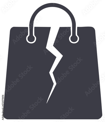 Broken shopping bag graphic suggesting financial trouble or economic crash or damaged merchandise