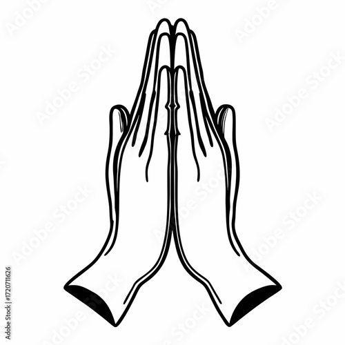 A simple black and white line drawing illustration of two cupped hands pressed together in a gesture of prayer or supplication against a clean white background