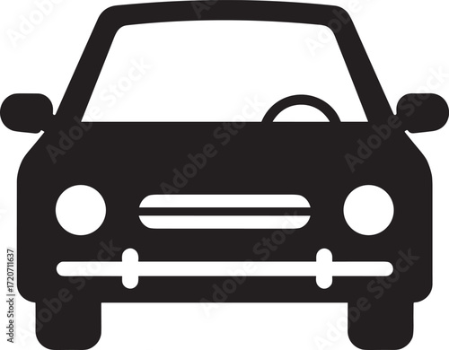 Car front view icon, black silhouette vehicle, transportation symbol, automotive design, parking sign, minimal vector art, driving concept