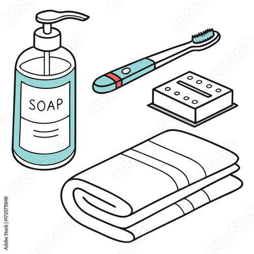 A simple hand drawn illustration of bathroom essentials including a pump bottle of soap a toothbrush a soap dish and a folded towel presented on a white background for easy use