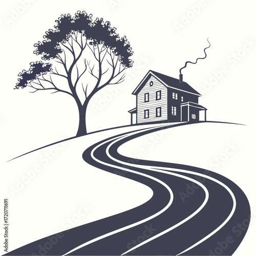 A solitary charming two story house stands proudly on a gentle hill accessed by a winding road with a large leafy tree providing shade and character to the idyllic rural landscape