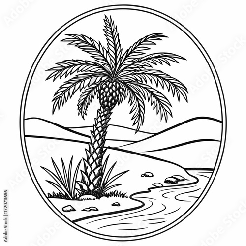 A solitary palm tree stands beside a winding river with rolling hills in the background depicted in a classic black and white oval emblem style evoking a sense of serene desert oasis