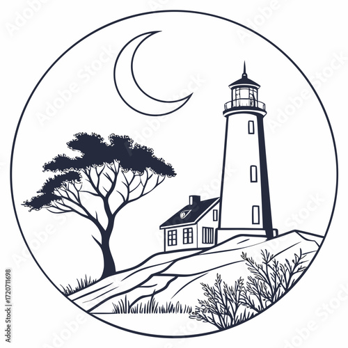 A solitary lighthouse stands tall on a rocky coastline beside a small cottage and a windswept tree under a crescent moon in a circular emblem