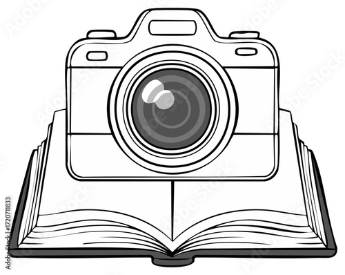 Black and white illustration of a camera on an open book photography concept