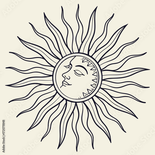 A stylized hand drawn illustration of a celestial sun with a serene human face and wavy rays radiating outwards against a pale cream background perfect for mystical and astrological designs