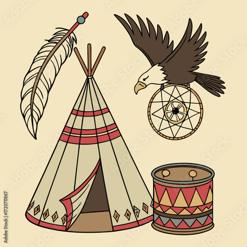 A stylized illustration featuring a native american teepee a prominent eagle perched on a dreamcatcher a decorative drum and a single feather against a soft beige background