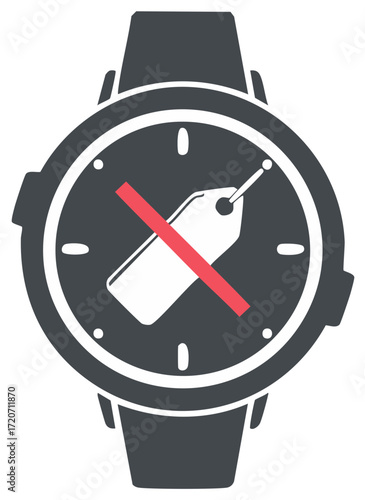 No price reduction concept with watch and label crossed in red, icon illustration.