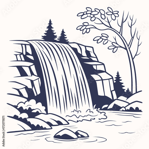 A stylized graphic illustration of a majestic waterfall cascading down rocky cliffs surrounded by lush greenery and pine trees with a lone deciduous tree on the right side of the frame