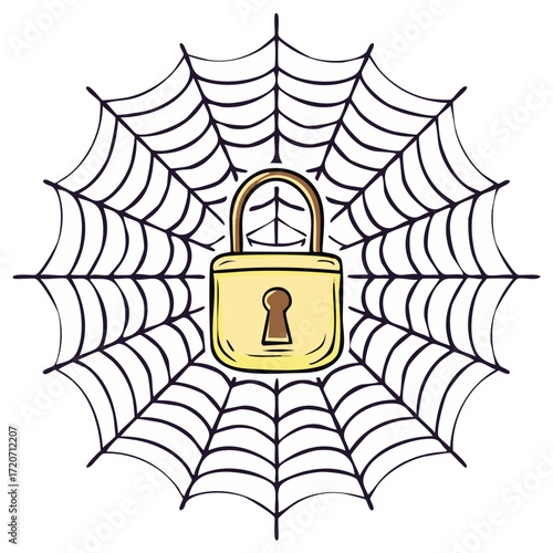 Padlock Illustration in Spiderweb: Vulnerability, Security Concerns Concept