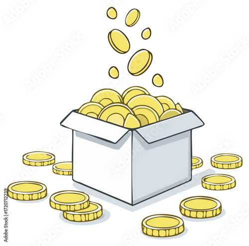 Box overflowing with golden coins falling into a pile money accumulation illustration