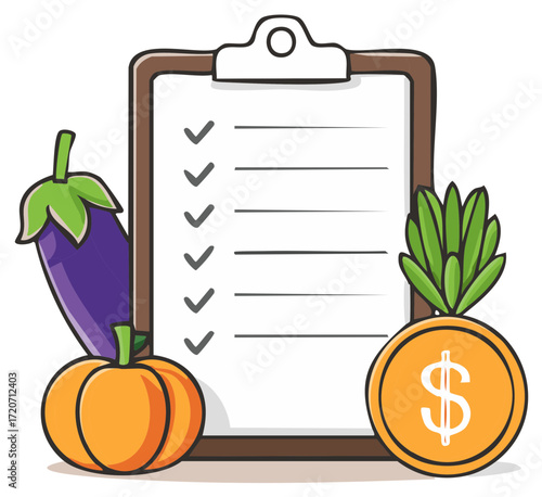 Healthy Food Shopping List With Money Coin and Vegetables Checklist