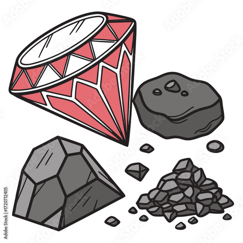 A vibrant pink gemstone sits beside a collection of rough gray rocks and a pile of coal illustrating the transformation from raw materials to precious jewels