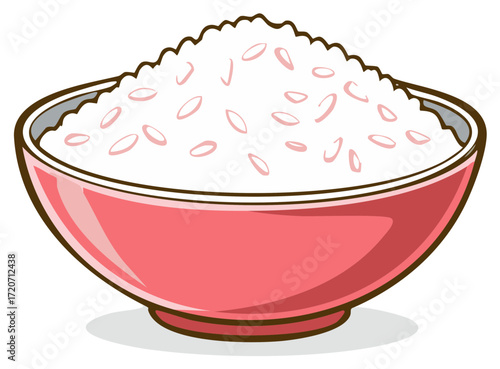 Simple cartoon vector illustration of a pink bowl filled with steamed white rice