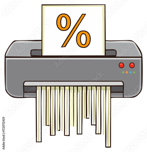 Paper shredder destroying document with percentage symbol financial concept
