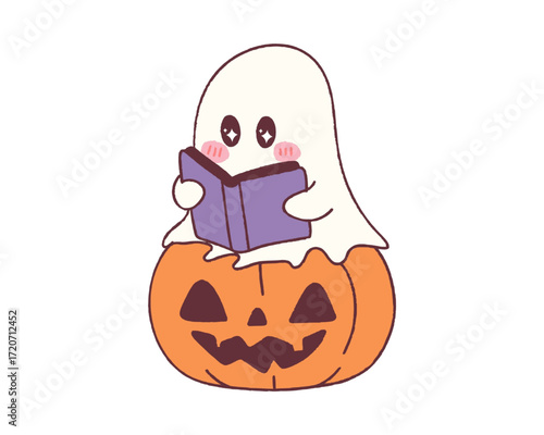 Adorable cartoon ghost enjoying a book while sitting on a Jack-o'-lantern, a cute and studious Halloween character illustration