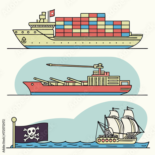 A visual representation of three distinct maritime vessels including a modern cargo ship a military vessel with cannons and a historical sailing ship with a pirate flag