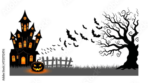 Spooky Halloween: A haunted house stands silhouetted against a night sky, with bats, jack o lantern and tree creating a dark and mysterious atmosphere. 