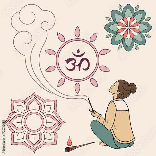 A young woman meditates with incense and om symbol surrounded by lotus mandalas and spiritual smoke representing peace mindfulness and hindu traditions