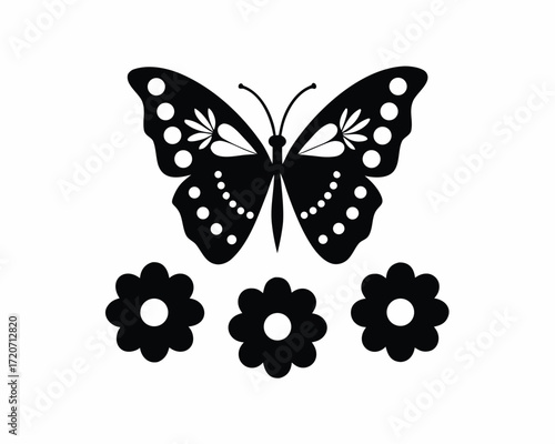 Butterfly on flower silhouette illustration isolated on white background