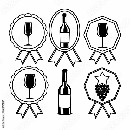 Collection of black and white line art icons featuring wine bottles wine glasses grapes and stars within award ribbons and badges symbolizing achievement and quality in the beverage industry