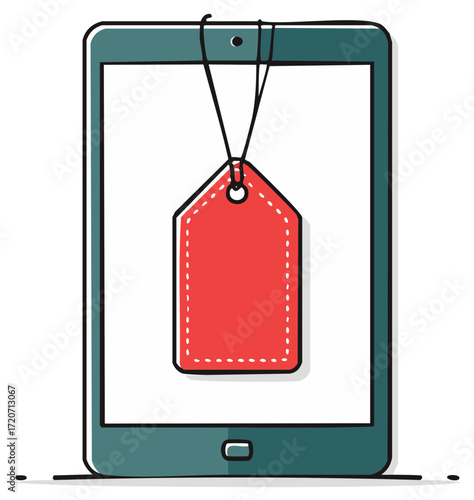 Hand drawn tablet displaying a red sale tag against a white screen with a simple sketch style
