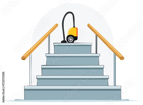 Vacuum Cleaner at the Top of Indoor Stairs Near Handrails Symbolizing a Cleaning Task