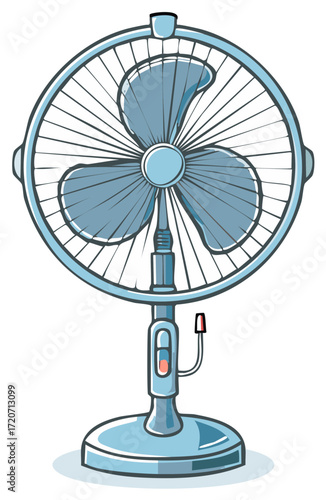 Blue Oscillating Fan Illustration with Power Cord Wind Breeze Coolness Cartoon Style Ventilation Household Appliance