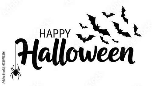 Halloween's Spooky Invitation: A stylized message spells out 'Happy Halloween', underscored by eerie bats and spider elements, embodying the spirit of a seasonal celebration.