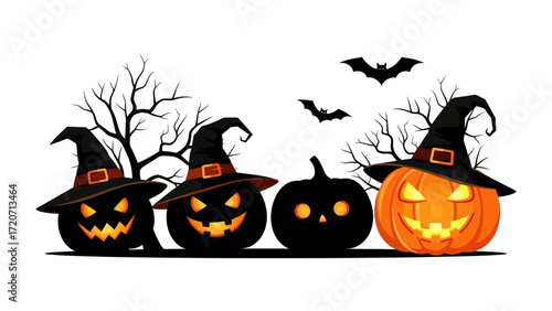 Spooky pumpkins and bats: Halloween-themed arrangement of pumpkins and bats, showcasing an spooky scene. The pumpkins, adorned with hats, convey the essence of the season.