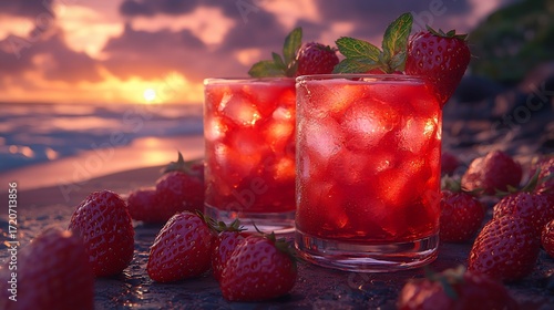 Sunset Strawberry Cocktails on Beach