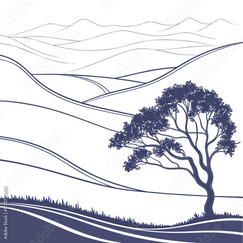 Minimalist line art depicts rolling hills and a solitary tree with lush foliage against a white background evoking a sense of natural beauty and peaceful solitude