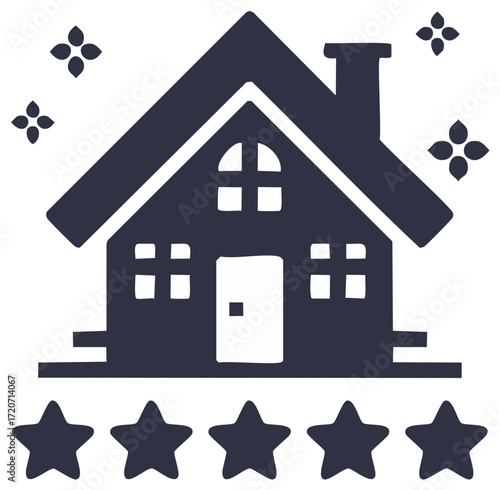 House rating with stars and flowers above, a cute graphic representation of home quality and good service in dark grey color